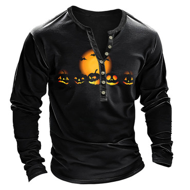 Men's Vintage Pumpkin Moon Chic Bats Halloween Print Henley Long Sleeve T-shirt