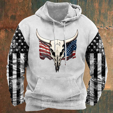 Men's Hoodie Vintage American Chic Flag Skull Pocket Long Sleeve Daily Tops