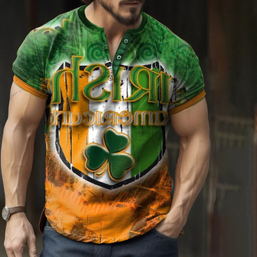 Men's Vintage St. Patrick's Chic Day Print Henley Neck T-shirt