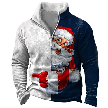 Men's Santa Print Colorblock Chic Stand Collar Sweatshirt