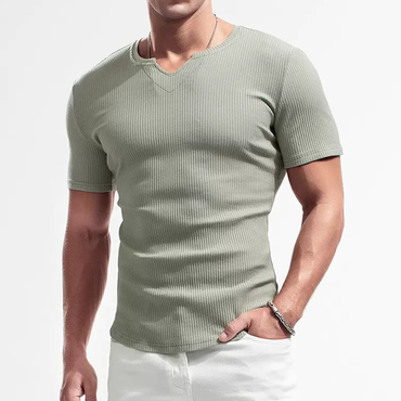 Men's Casual Ribbed Short Sleeve Chic T-shirt Breathable Stretch Tight Slim Top