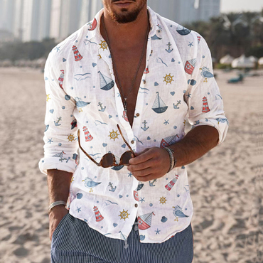 New Mens Fashion Vintage Chic Anchor Beach Print Casual Shirt