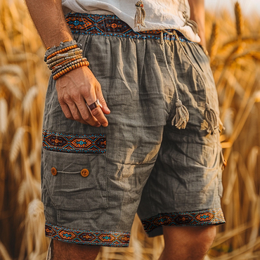 Men's Vintage Indian Patterned Chic Cotton And Linen Printed Drawstring Shorts