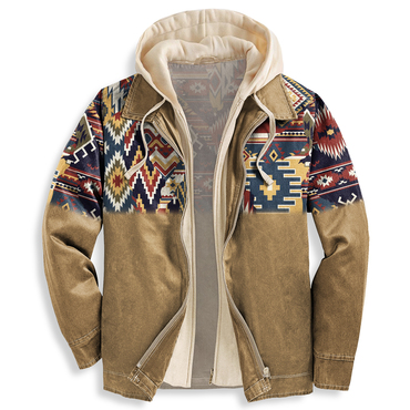 Men's Autumn & Winter Chic Outdoor Casual Retro Ethnic Style Colorblock Print Hooded Jacket