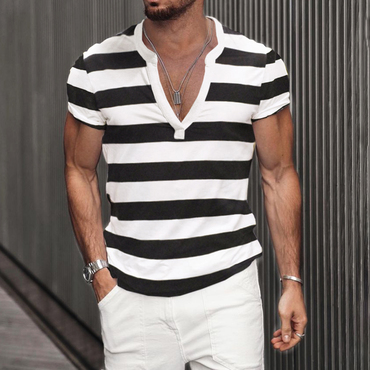 Men's Retro Stripes T-shirt Chic Casual Breathable V-neck Top