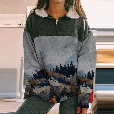 Women Quarter Zip Printed Chic Sweatshirt