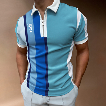 Men's Casual King Stripe Chic Pattern Print Short Sleeve Zipper Polo Shirt