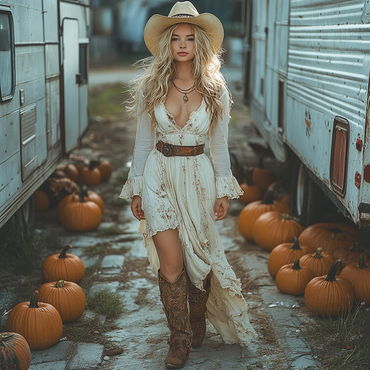 Vintage Cowgirl Style Halloween Chic Floral Dress