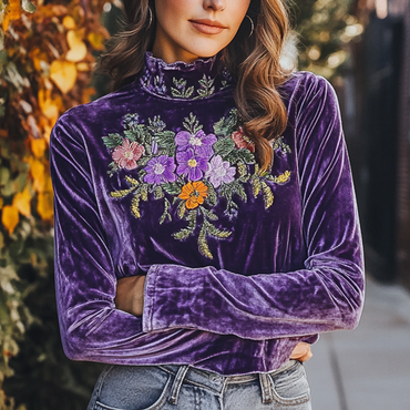 Women's Embroidered Lantern Sleeved Chic Purple Velvet Top