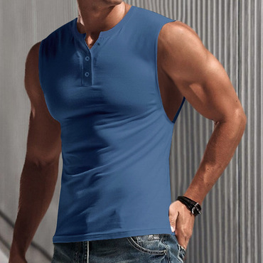 Men's Solid Color Summer Chic Sports Vest Wide Shoulder Henley Shirt Slim Sleeveless T-shirt