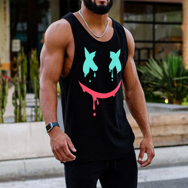 Men's Sports Smiley Print Chic Sleeveless Black Tank Top