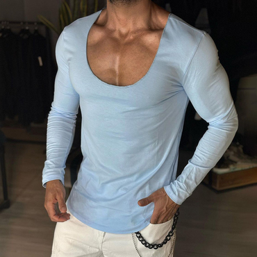 Men's Daily Basic Solid Chic Color Long-sleeved T-shirt Slim Casual Bottoming Shirt