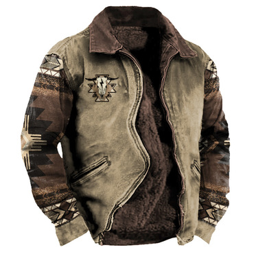 Men's Fleece Jacket Vintage Chic Western Denim Yellowstone Print Full Zipper Outdoor Pockets