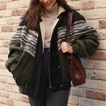 Women Retro Corduroy Patchwork Chic Fleece Jacket Coat