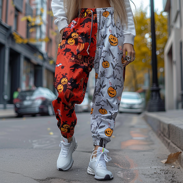 Women's Jogger Casual Pants Chic With Halloween Pattern And Color Blocking