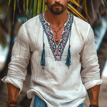 Men's Holiday Ethnic Style Chic Linen Tassel Shirt