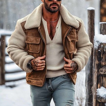 Men's Vintage Fleece Patchwork Chic Suede Lapel Collar Outdoor Warm Shearing Jacket