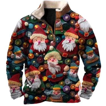 Men's Vintage Santa Claus Chic 3d Print Fleece Stand Collar Ugly Christmas Sweatshirt