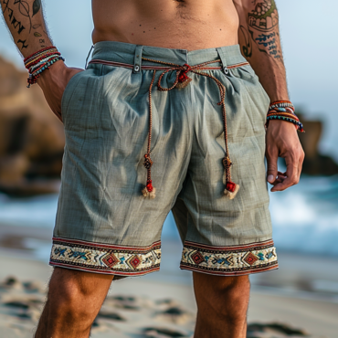 Men's Vintage Surf Ethnic Chic Patterned Cotton And Linen Printed Drawstring Shorts