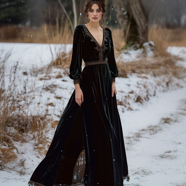 Elegant Velvet Lace Stitching Chic Long Sleeve Dress