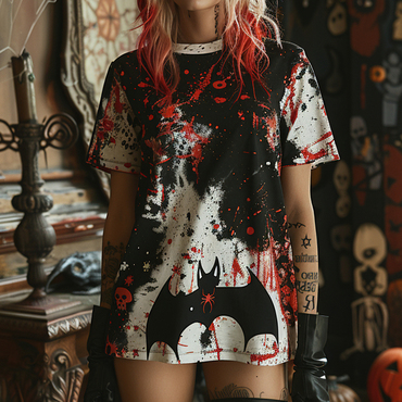 Oversized Halloween T-shirt Pumpkin Chic Bat Tie-dye T-shirt Gothic Dark T-shirt