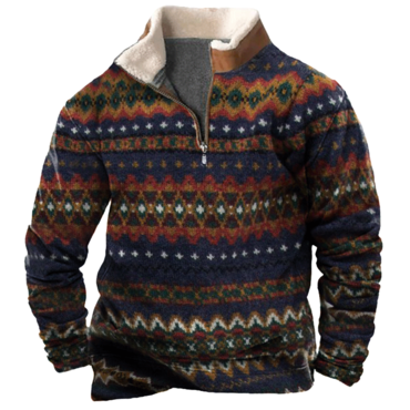 Men's Vintage Lamb Fleece Chic Patchwork Print Collar 1/4 Zipper Sweatshirt