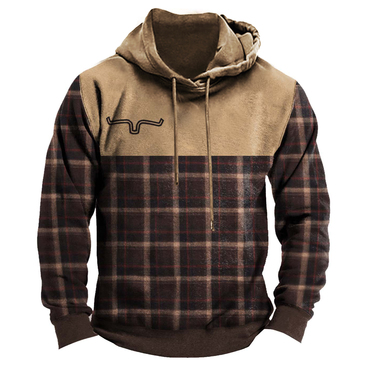 Men's Vintage Plaid Western Chic Color Block Hoodie