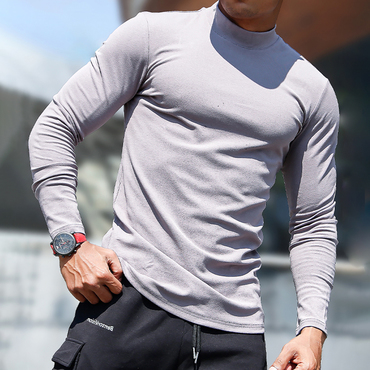 Men's Sports Long-sleeved Fitness Chic Training T-shirt Running Top Casual Solid Color Slim Half Turtleneck Cotton Bottoming