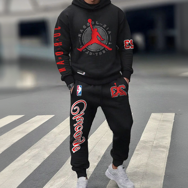 Unisex Jumper Basketball Print Chic Casual Black Hoodies And Sweatpants Set