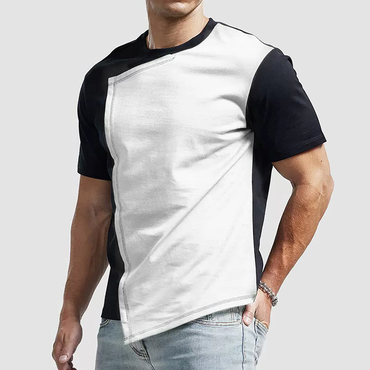 Men's Casual Personality Irregular Chic Short-sleeved T-shirt Men's Pure Cotton Stitching Contrasting Color Asymmetric Top