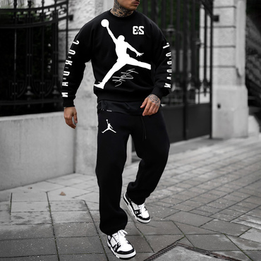 Street Fashion Casual Basketball Print Chic Unisex Round Neck Sports Pants Suit