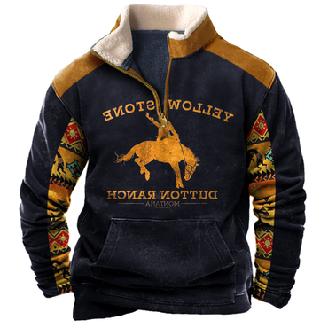 Men's Vintage Western Yellowstone Chic Colorblock Zipper Stand Collar Sweatshirt