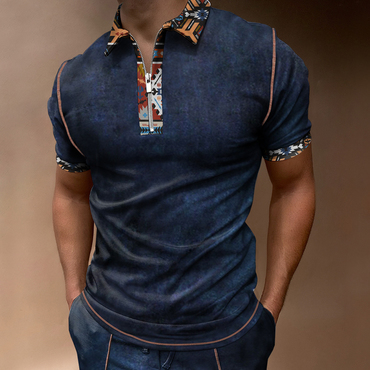 Men's Outdoor Vintage Western Chic Ethnic Pattern Sport Polo Neck T-shirt