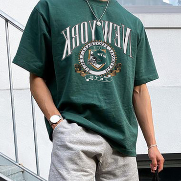 Men's American Retro Street Chic Trend Loose Casual Green Letter Print T-shirt