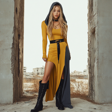 Ruin Wasteland Style Slit Chic Hooded Dress