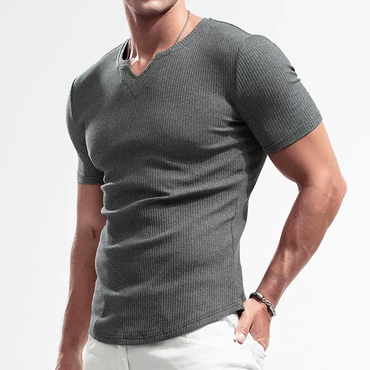 Men's Casual Ribbed Short Sleeve Chic T-shirt Breathable Stretch Tight Slim Top