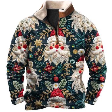 Men's Vintage Christmas Santa Chic Seamless Print Fleece Collar Quarter Zip Stand Collar Sweatshirt