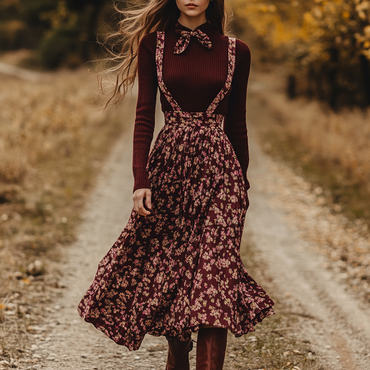 Women's Two-piece Bohemian Pastoral Chic Suspender Floral Dress Autumn And Winter Retro Long Dress Two-piece Set