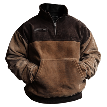 Men's Vintage Corduroy Splicing And Chic Contrasting Colors Pocket 1/4 Zipper Sweatshirt