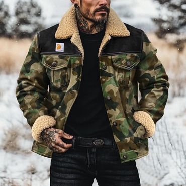 Men's Vintage Camouflage Pocket Chic Fleece Lapel Collar Outdoor Motorcycle Sherpa Lined Jacket