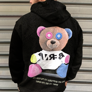 Men's Bear Pattern Splash Chic Ink Teddy Fleece Hoodies