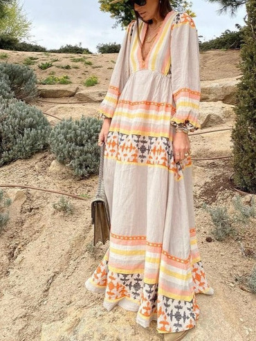 Retro Ethnic Deep V Chic Strappy Long Dress