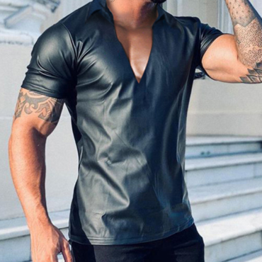 Leather V Neck Polo Chic Slim-fit T-shirt