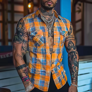 Men's Casual Plaid Tight Chic Vest Shirt