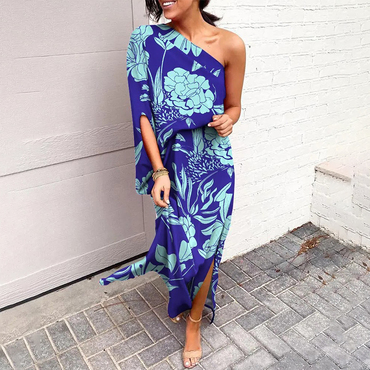 Ladies Print Drop Shoulder Chic Short Sleeve Loose Slit Dress