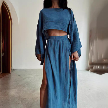 Vacation Cropped Top High Waist Chic Chic Slit Linen Casual Two-piece Set