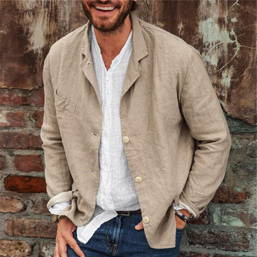 Men's Trend Casual Loose Chic Cotton And Linen Long-sleeved Cardigan Suit Jacket