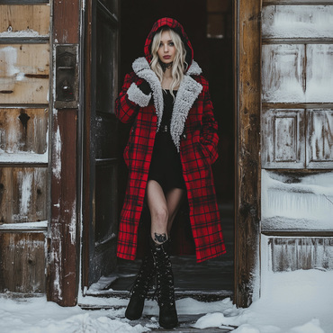 Women's Velvet Retro Plaid Chic Autumn And Winter Hooded Fur Collar Warm Long Coat