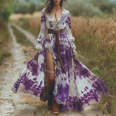 Retro V-neck Zharan Women's Chic Long-sleeved Long Skirt Bohemian Pastoral Style Tie-dye V-neck Dress Sexy Long Skirt