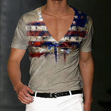 Usa Lndependence Day Men's Chic Flag Print Deep V Neck T-shirt